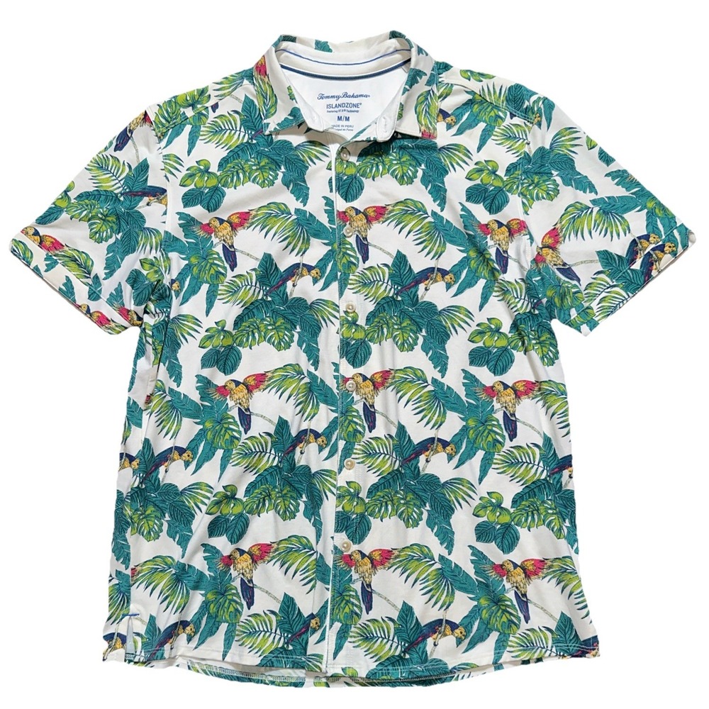 Tommy Bahama Men's Island Zone 24‎ Parrot Print Hawaiian Medium Shirt 🇵🇪